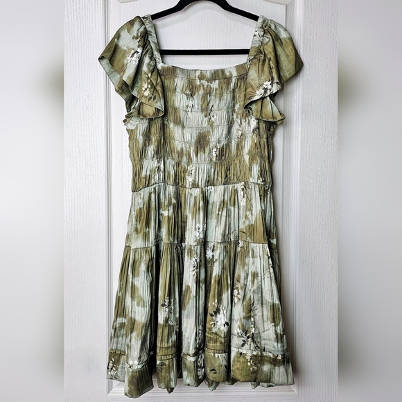 By Anthropologie Women's Flutter-Sleeve Square-Neck Mini Dress, Green Motif, MED - Picture 8 of 11